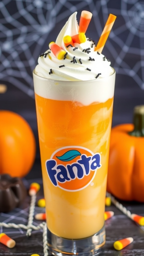 A spooky Frightful Fanta Float with orange soda, vanilla ice cream, whipped cream, and Halloween decorations.